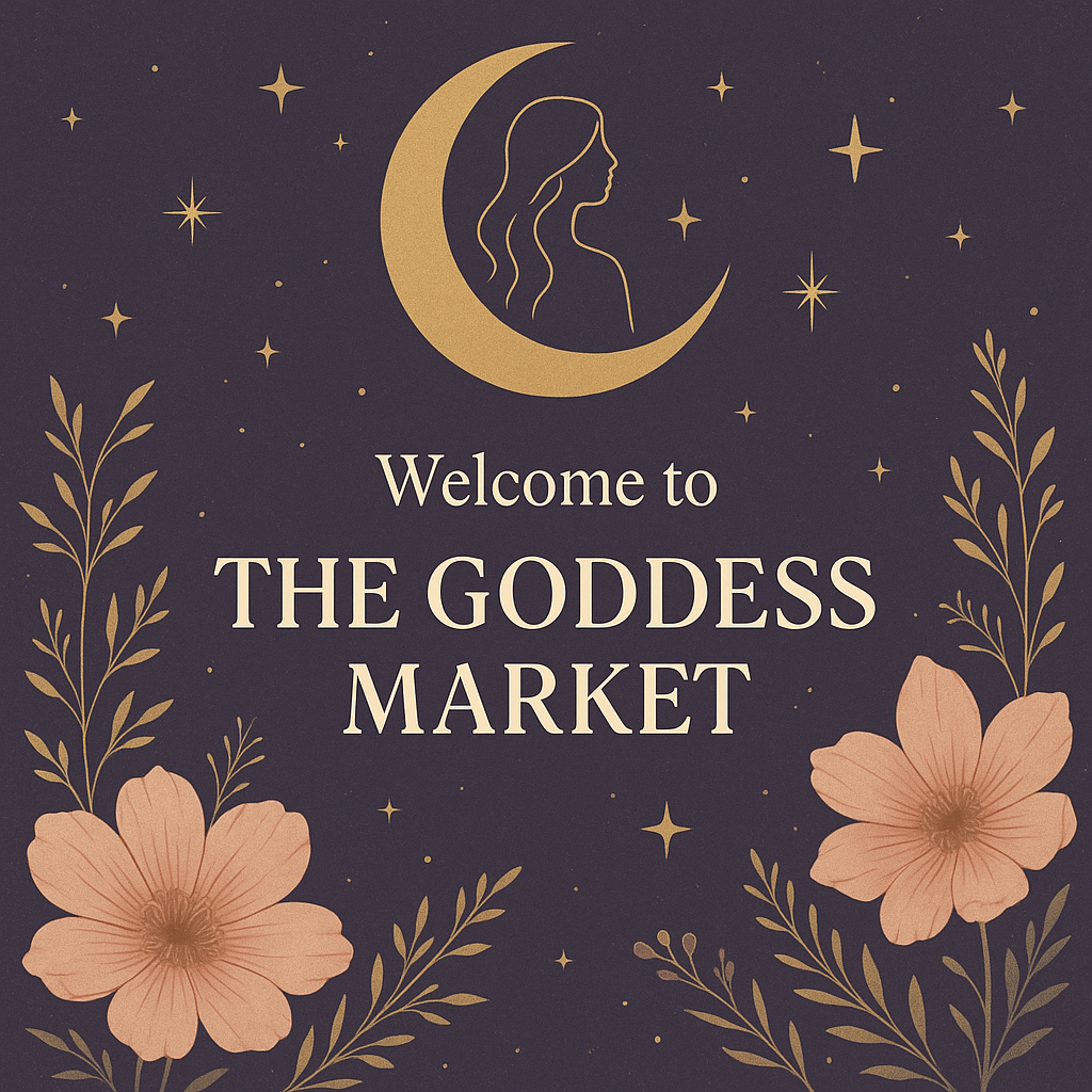 "Golden crescent moon with goddess silhouette, floral designs, and stars — Welcome to The Goddess Market banner."